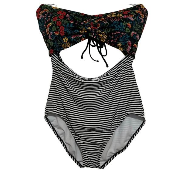 Time and Tru One Piece Strapless Swimwear Black Floral Padded Bra Striped Bottom - Picture 1 of 4